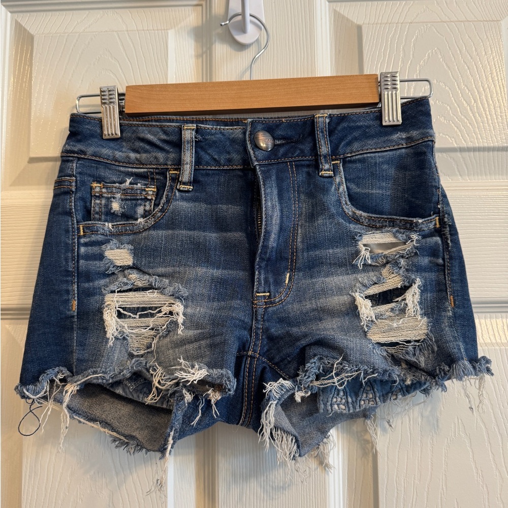 American eagle denim shorts Super stretch size 0 hi rise shortie peekaboo lace